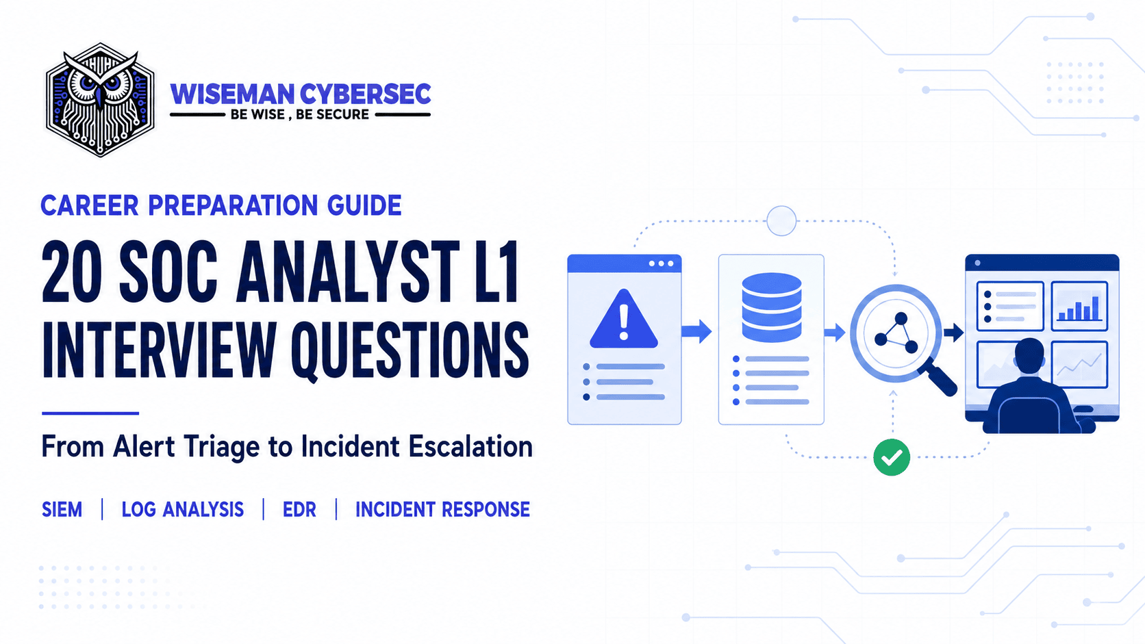 Prepare for SOC Analyst L1 interviews with 20 practical questions covering SIEM, logs, alert triage, EDR, phishing, escalation and incident response.